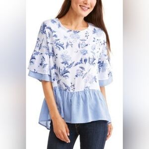 COMO BLU Womens White/ Blue Chinoiserie Pattern Cottage Peasant Top XL